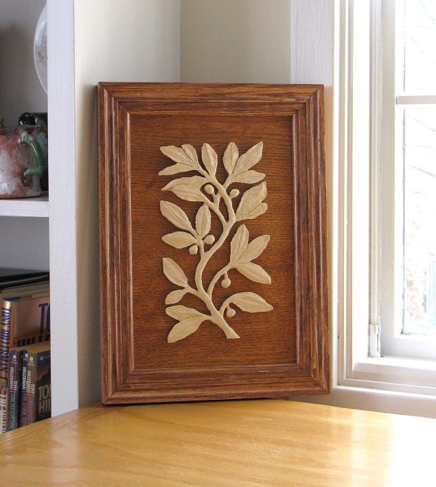 Woodworking Art Carved Wood Olive Branch With Oak Frame Dramatic Shadows 15th Century Carving Style Sculpture
