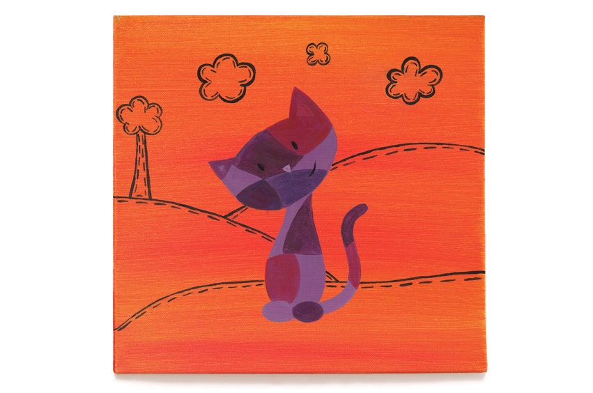 Colorful Cat Painting - Whimsical Cat Wall Art
