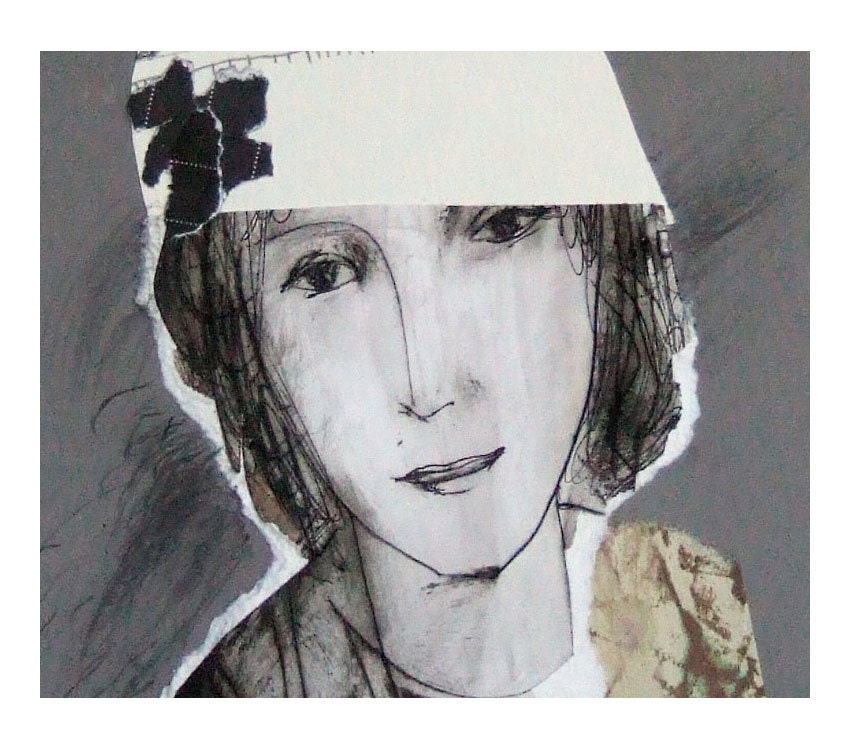 NINA original gift  mixed media portrait woman figurative paper