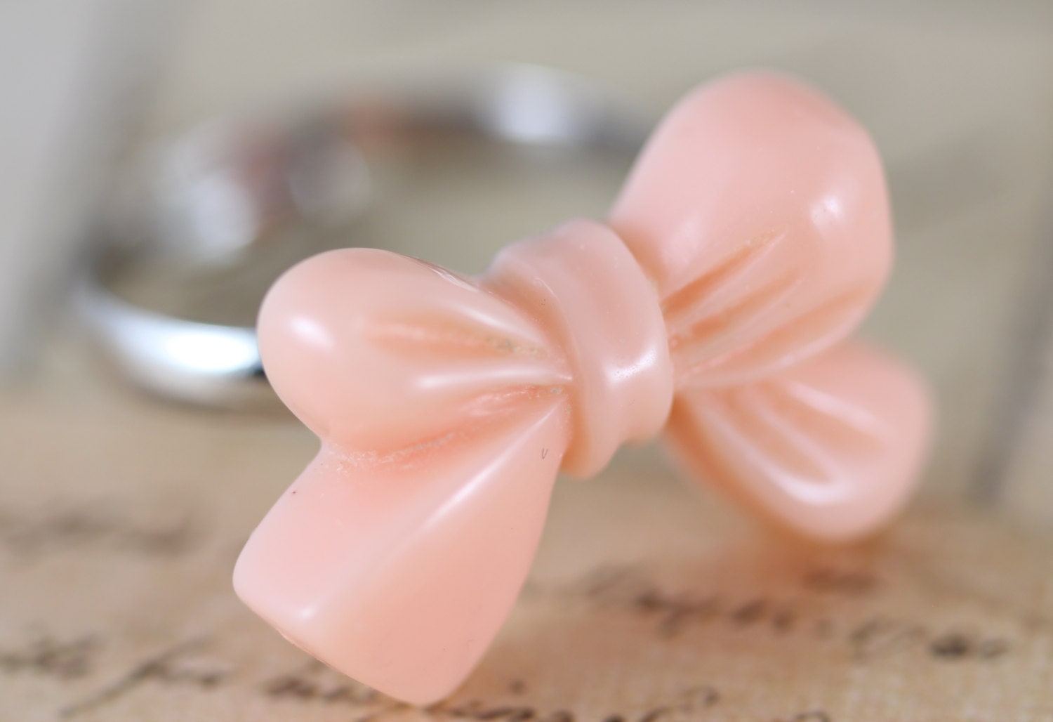 Bow Ring Peach - Silver Adjustable Ring Handmade by Inspired by Elizabeth