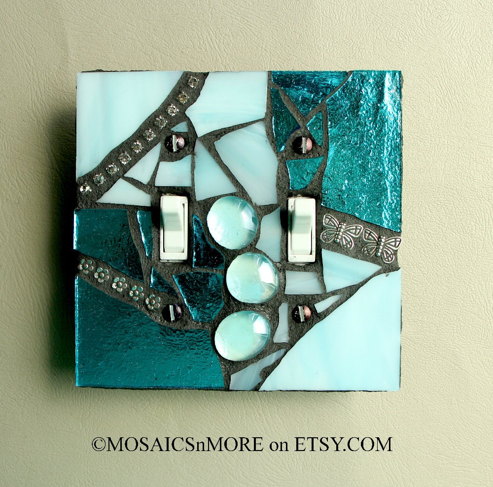 Blue Ice - HANDMADE Double  Mosaic Light Switch Cover Wall Plate