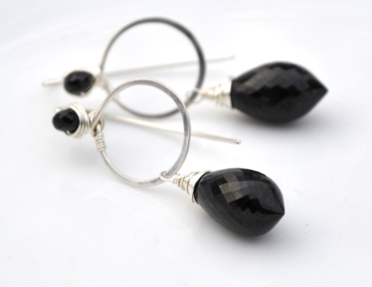 Sparkling Black Spinel Gemstone Earrings in Sterling Silver - Long Dangling Hoop, Wire Wrapped, Classic Black, For Her