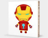 I for Iron Man : ABC Block Bamboo Wall Art Series // Alphabet Kids Wall Art Nursery Room Decor Super Hero Sci-fi 4 x 4