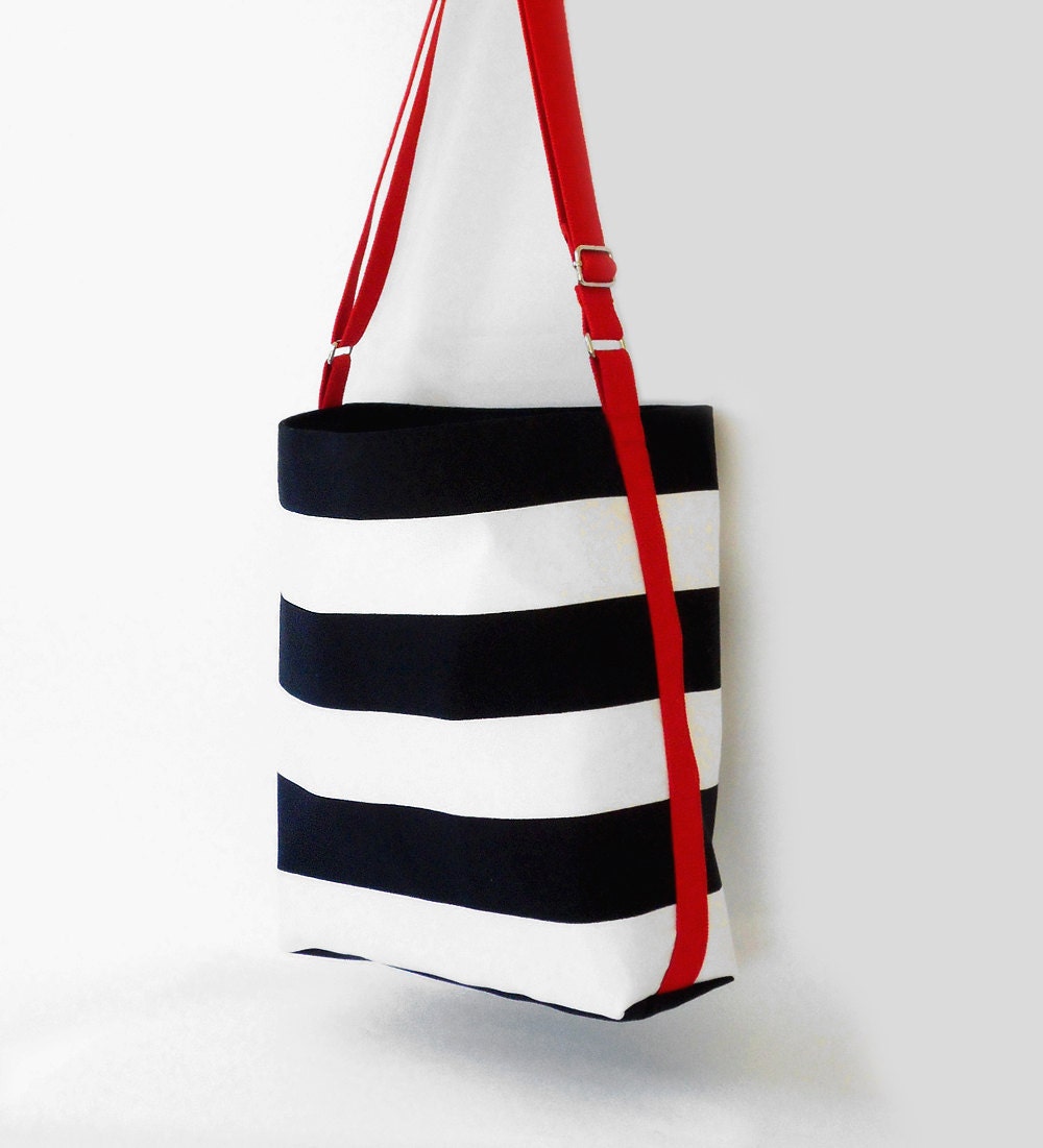 Black stripe / Shoulder Bag / Cross body bag / Diaper bag / school bag, with red side strap webbing, Design by BagyBags