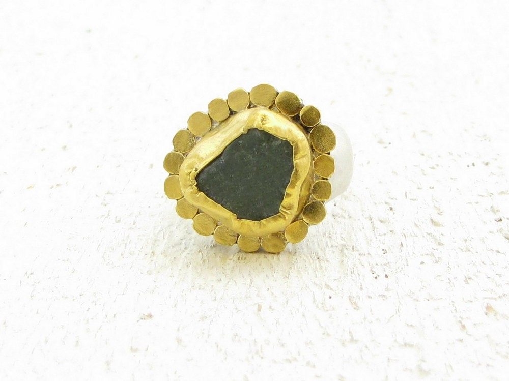 Avanturine Ring, 24k Solid Gold and Silver Ring, Signet Ring