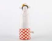 Mother's Day - woman doll wearing  red skirt and cream hat dotted with silver And mustard flower handmade fabric doll
