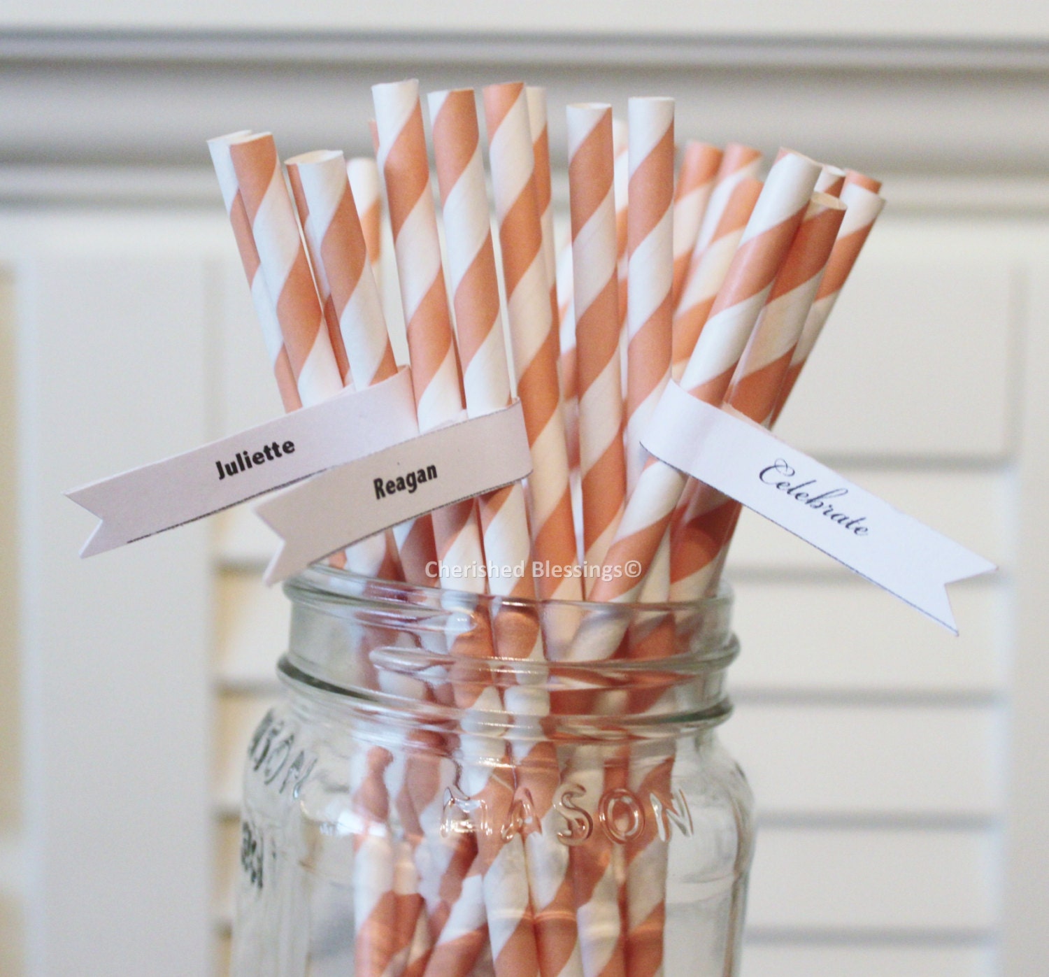 50 Peach Orange Paper Straws Retro Vintage Style Kids Wedding Birthday Bridal Baby Shower W/ Printable Flags I created Il_170x135