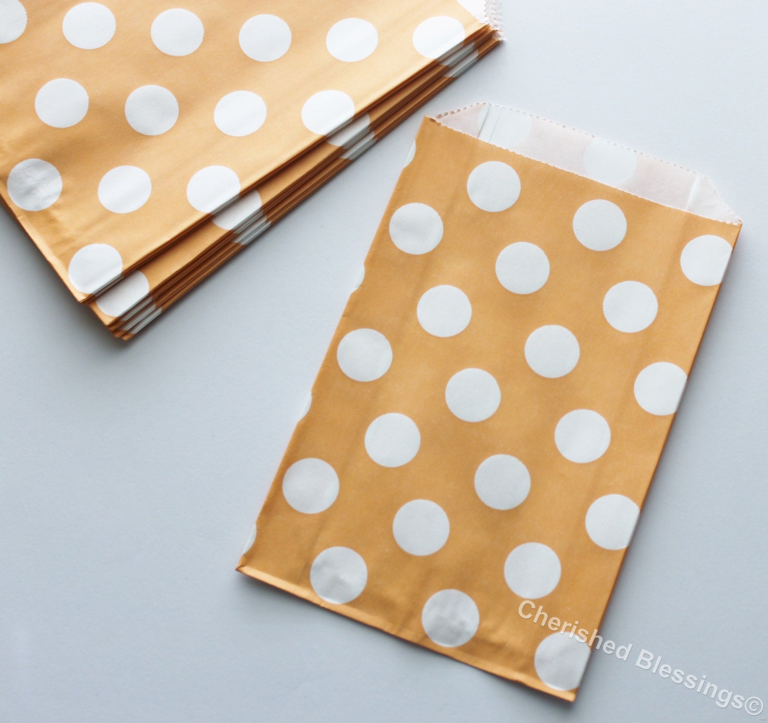 Peach Polka Dots Wedding Favor Bags 20 Candy Buffet Baby Shower Paper Goods Favors Kids Birthday Party Carnival Popcorn w/ straw flags