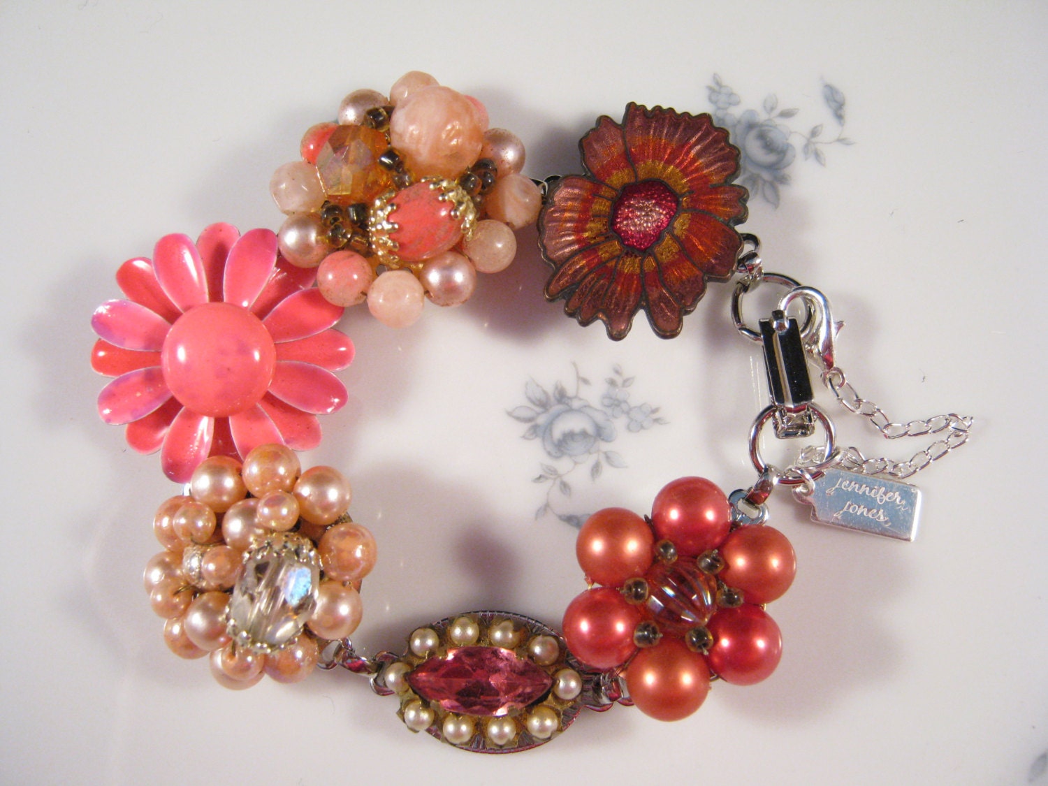 Bridesmaid Gift, Upcycled Earring Bracelet, Vintage, Enamel Flower, Cloisonne, Cluster, Pink, Watermelon, Salmon, Charm, Reclaimed, Under 40