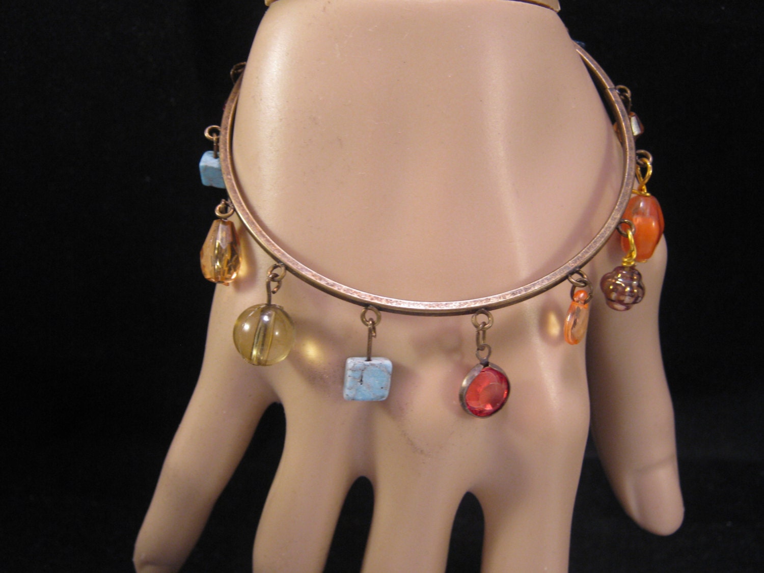 Reclaimed Vintage Bracelet, Upcycled, Charm Bracelet, Bangle, Multicolored, Glass, Stone, Beads, Under 20, OOAK - Dangle Bangle