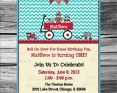 Red Wagon Vintage Toys, Sock Monkey  Birthday Party Invitation, PRINTABLE INVITATION DESIGN, Turquoise, Red
