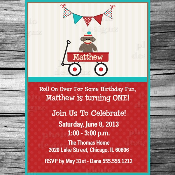 Red Wagon, Sock Monkey  Birthday Party Invitation, PRINTABLE INVITATION DESIGN, Red and Teal