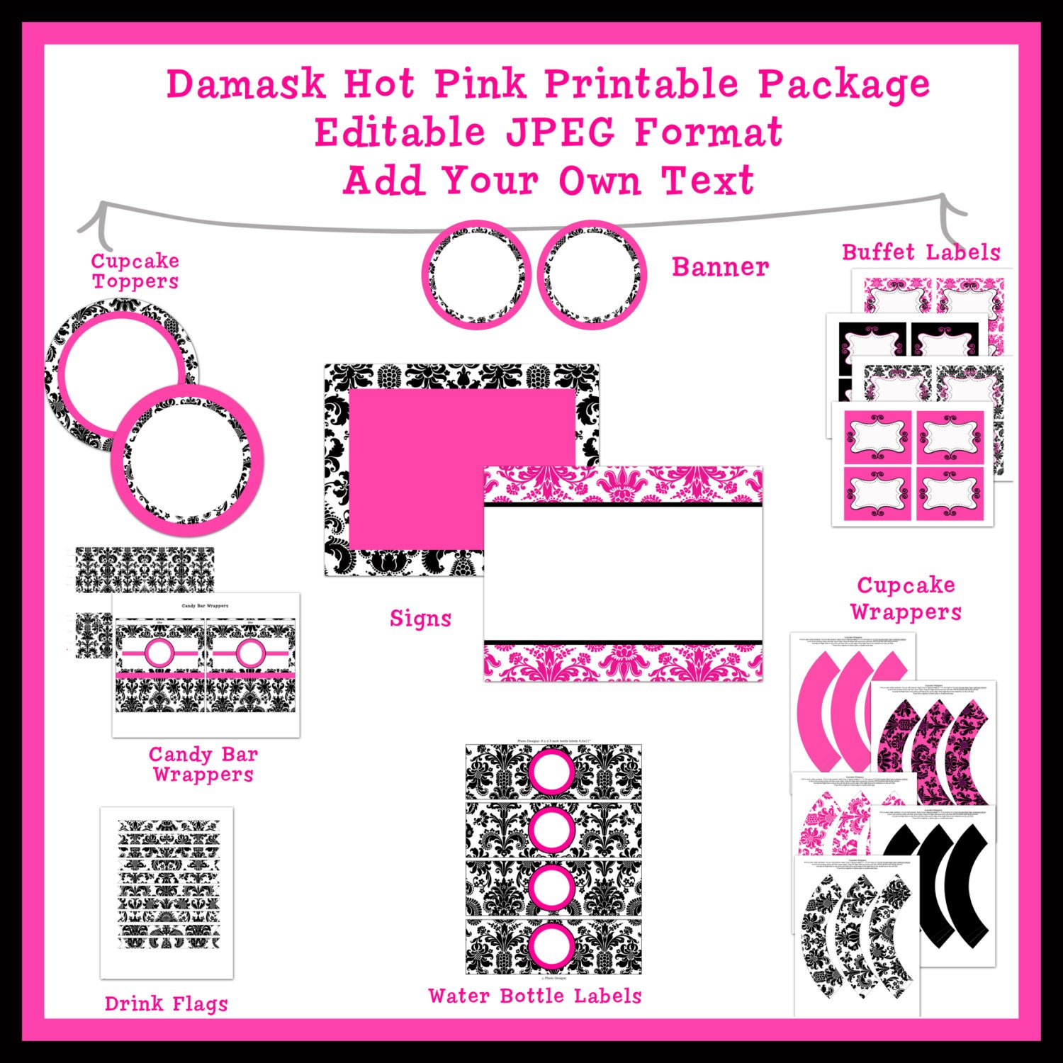 INSTANT DOWNLOAD - - DIY Printable Damask Hot Pink Editable Jpeg Package