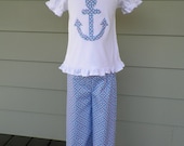 Girls ruffle pants or capri with tee or onesie, michael miller fabric shore thing life saver custom made by Baby Harrill