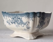 Rustic Blue Transferware Serving Dish - Footed Fruit Bowl