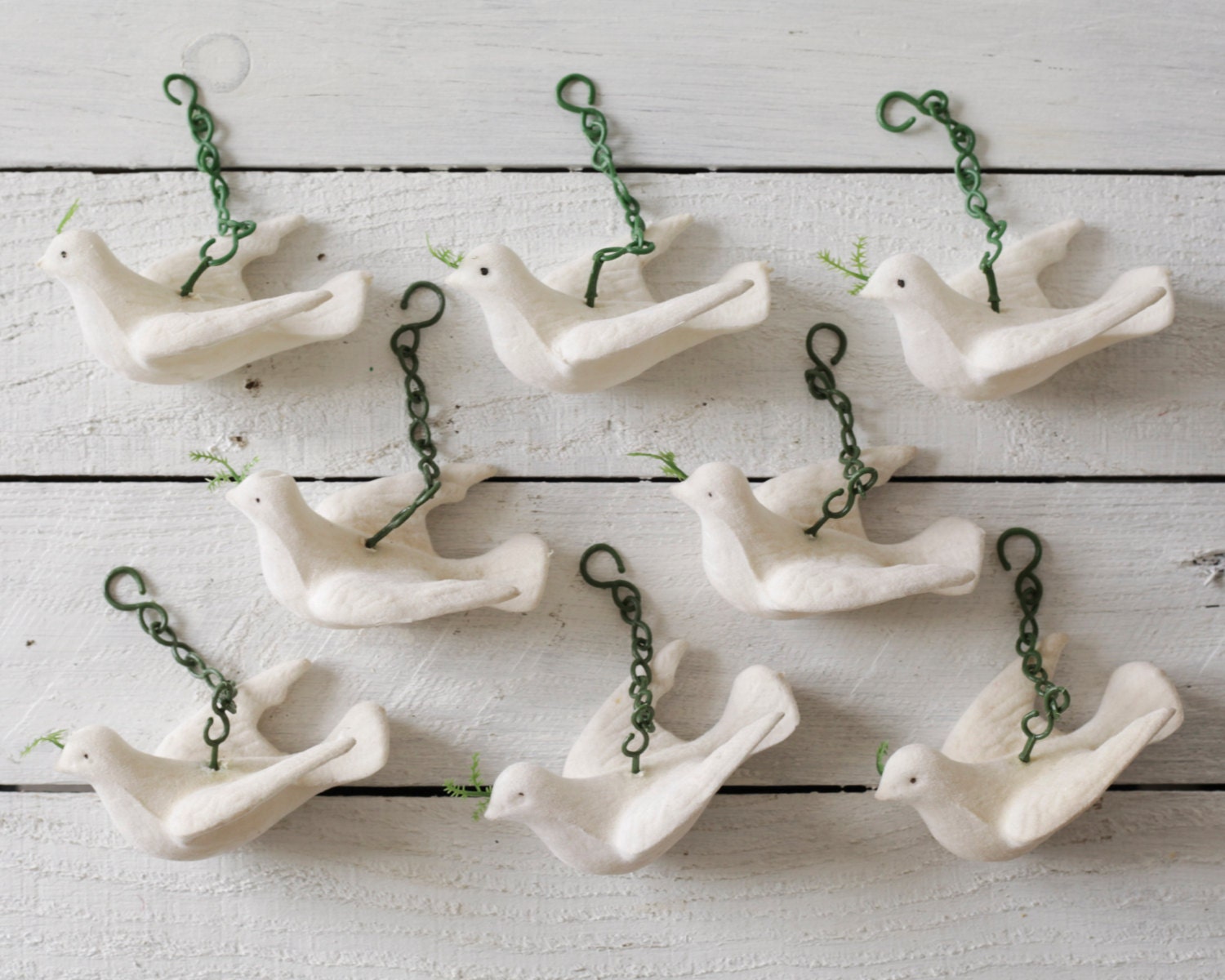 Vintage White Doves - Retro Flocked Plastic Hanging Decorations, Set of 8 Bird Ornaments