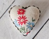 Heart Pincushion - Vintage Embroidered Linen with 100% Wool Filling