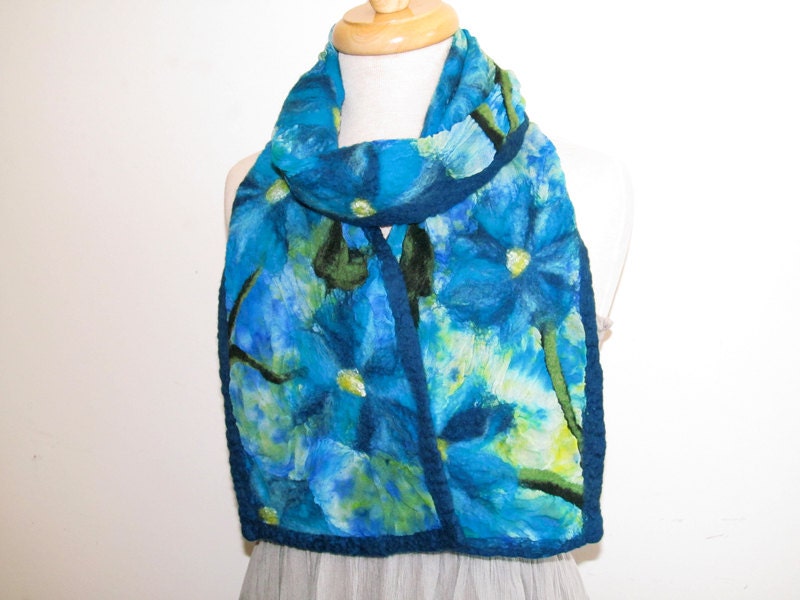 Nuno felt scarf: Teal, turquoise and aqua flowers on hand dyed silk