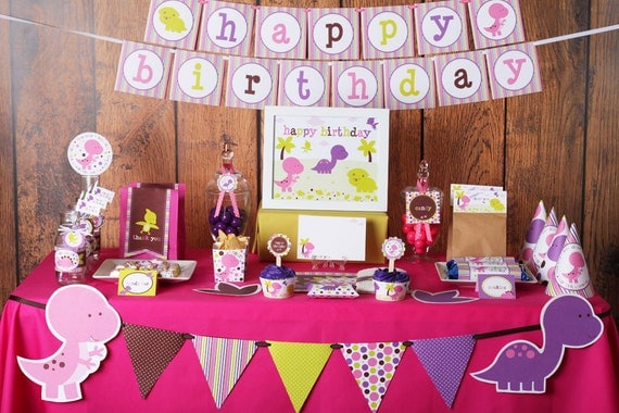 Girl Dinosaurs Birthday Printable DIY Party Kit by Stockberry Studio - Instant Download - Pink Purple Lime Green Brown Il_570xn