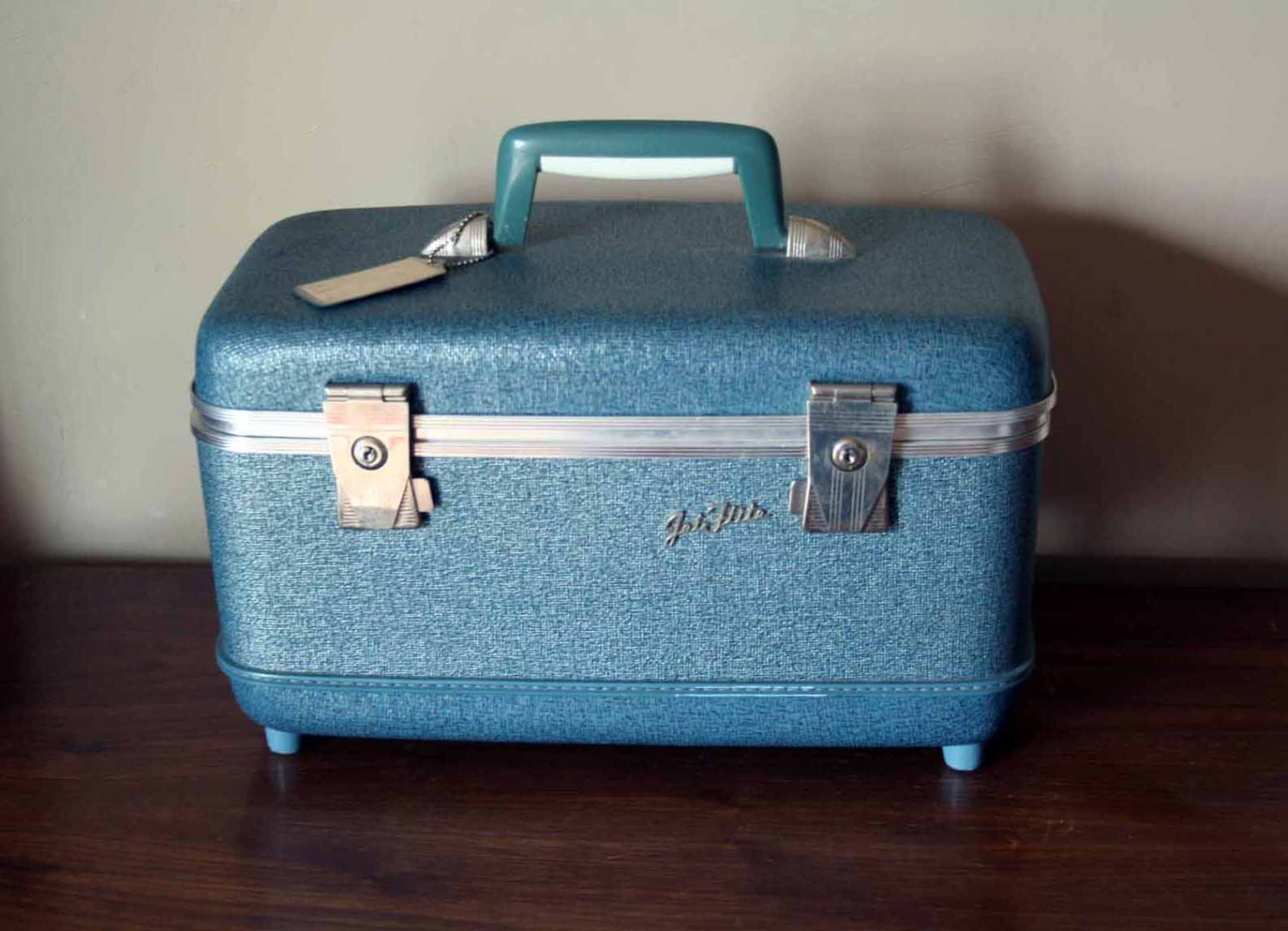 Jet Flite Blue Overnight Suitcase - Vanity Case - Train Luggage - Hard Shell - Name and Address Tag
