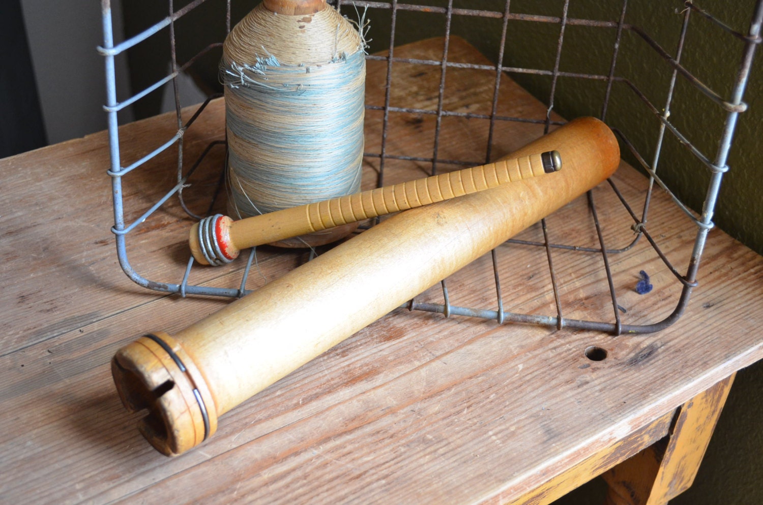 Set of Two - Vintage Wooden Industrial Cotton Spools - Antique Bobbin - Thread, Twine, Yarn - Blond Wood Red Paint
