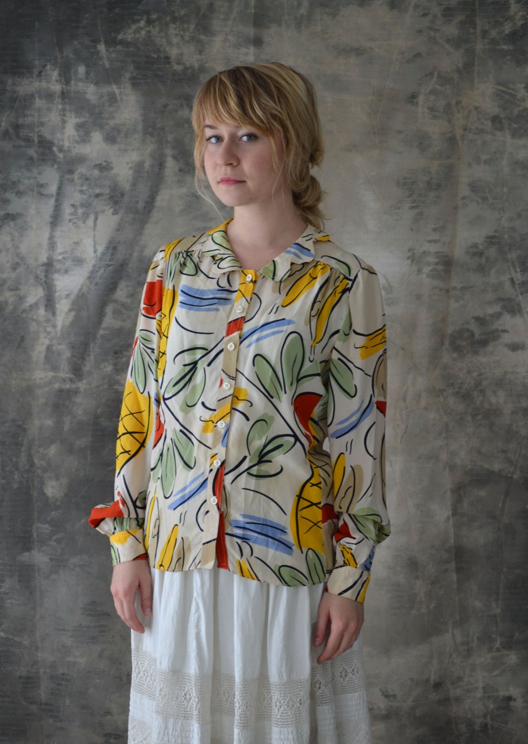 1950s Silk Novelty Print Pineapple Coconut Blouse