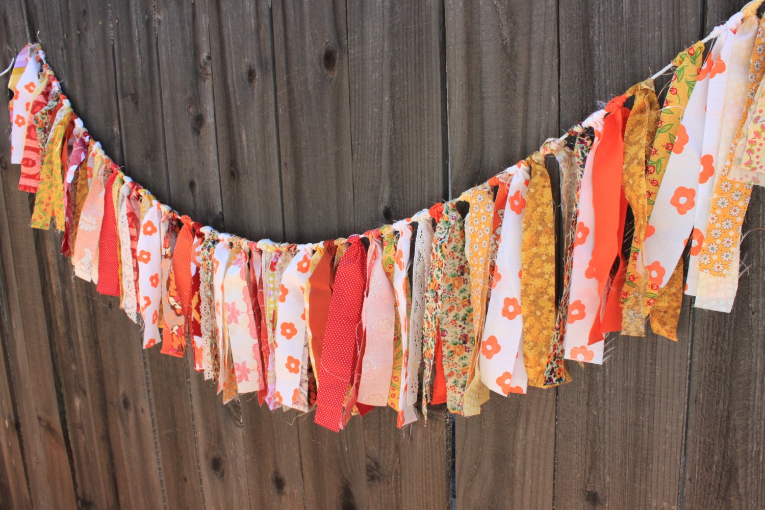 Rustic Rag Garland with Lace, Vintage Fabrics, Orange, Yellow, Shabby Chic Decor, Nursery, Weddings, Parties, Ready to Ship