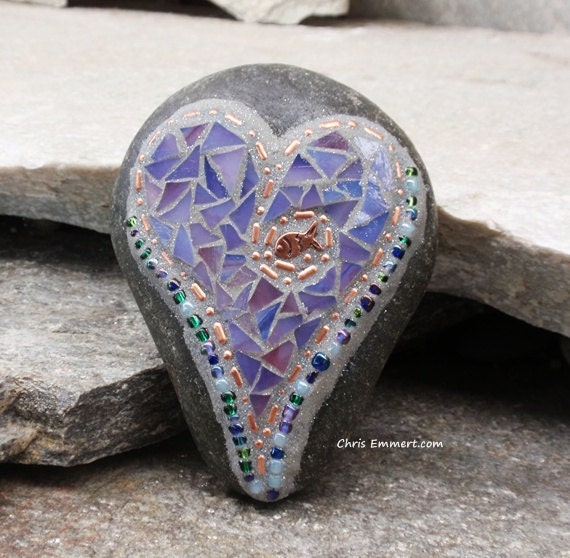 Lavender and Copper Heart  - Mosaic Paperweight / Garden Stone