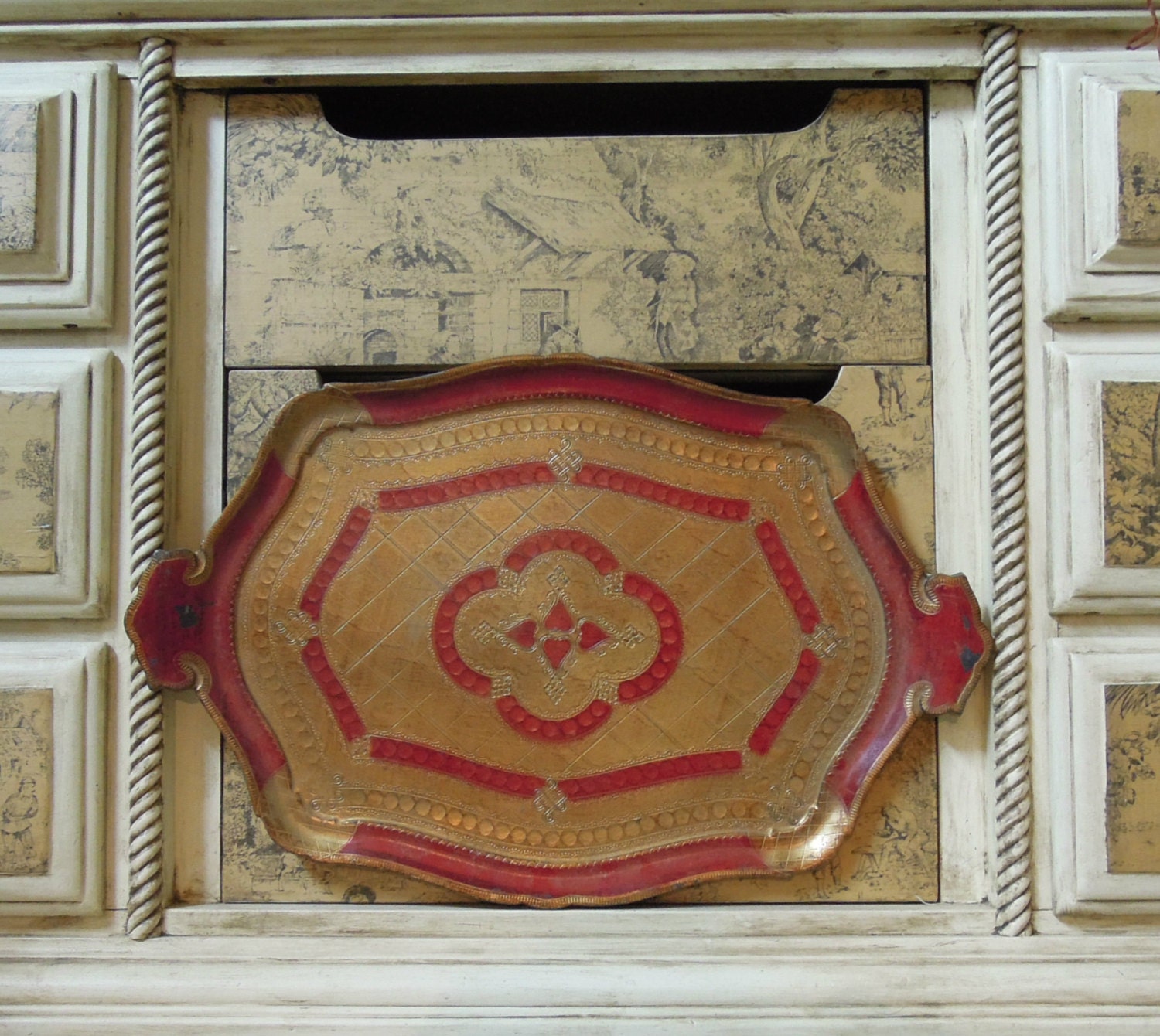 Vintage Italian Forentine Resin Large Tray / Red and Gold