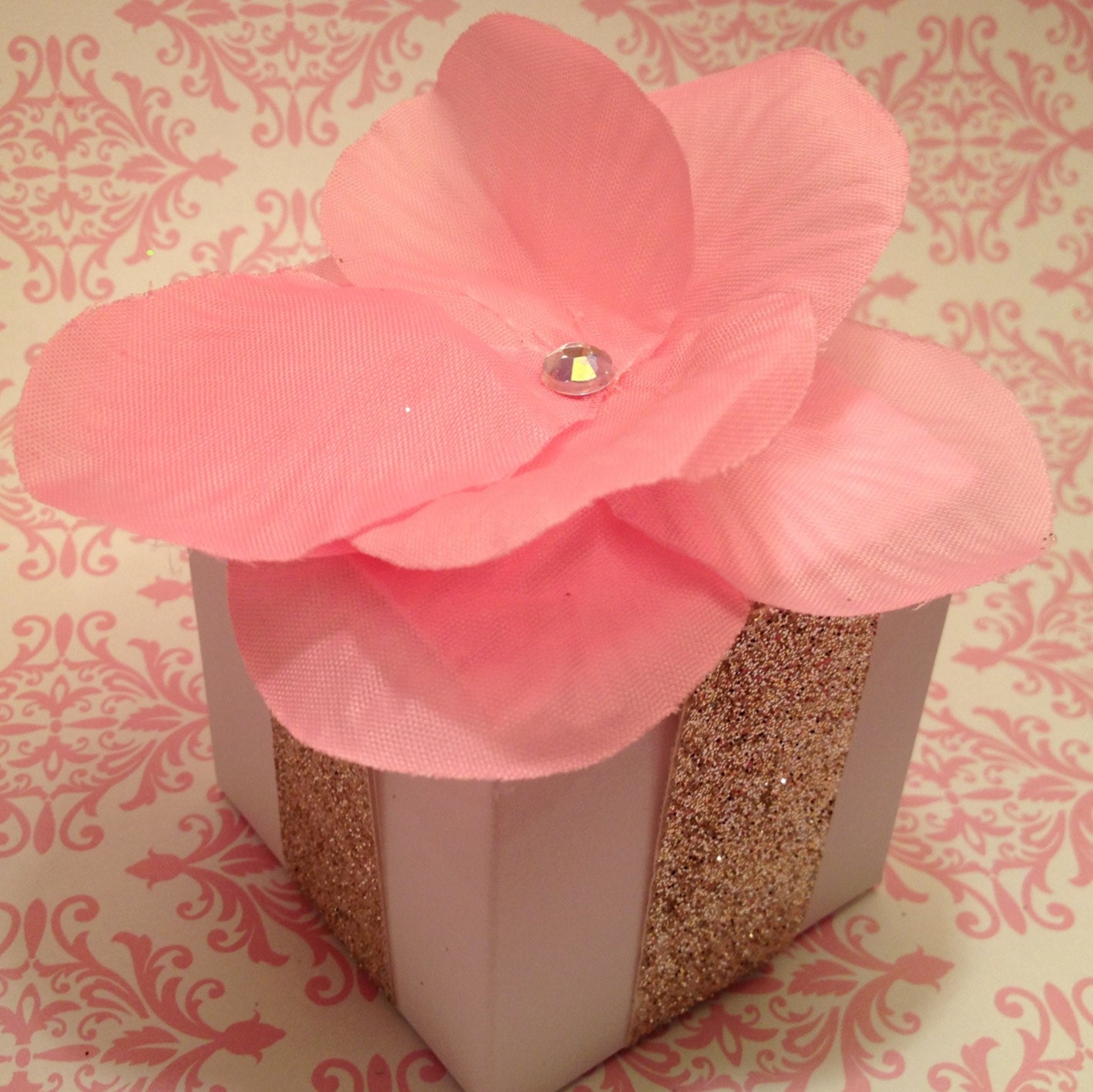 Set of 10 Favor boxes bridal shower pink flower with gold ribbon white silver