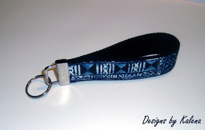 Hawaiian Key Fob - Tribal Design - Kapa - Tapa - Petroglyph - Blue - Black