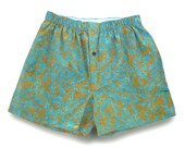 Men's LARGE Boxers, Sunny Turquoise Floral, COTTON batik (U/BL004)