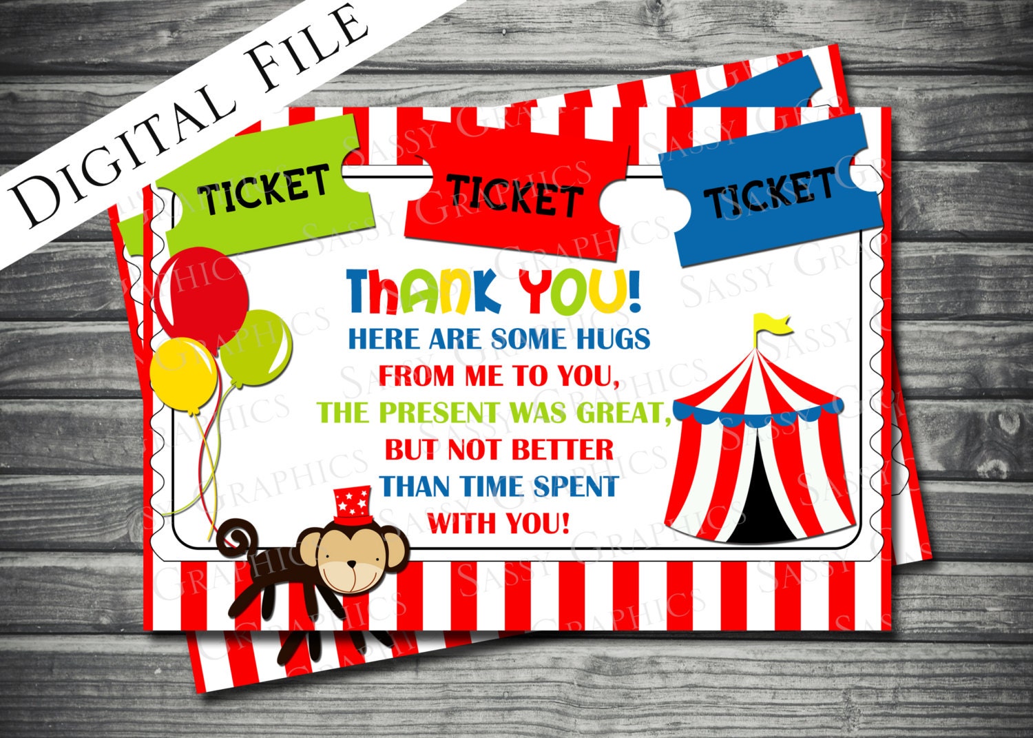 Circus Theme Matching Birthday Thank You Card - Printable, Digital