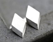 Geometric Modern Post Earrings, Brushed Sterling Silver Diamond Stud Earrings Silver Studs