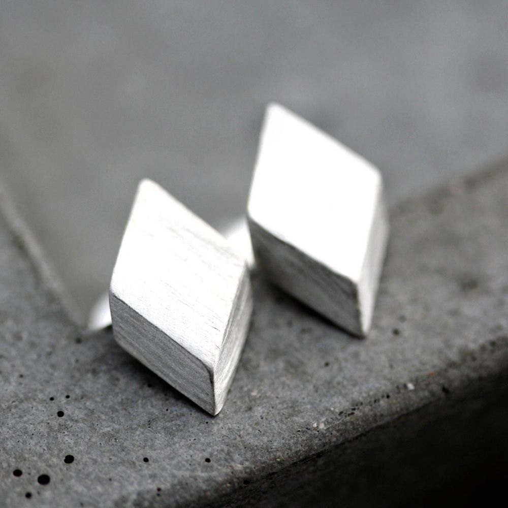Geometric Modern Post Earrings, Brushed Sterling Silver Diamond Stud Earrings Silver Studs