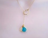 Dainty Gold Necklace, Aquamarine Bezel Necklace, Gold Leaf Charm, 14K Gold Finish, Mothers Necklace, Lariat Necklace, Wedding Jewelry
