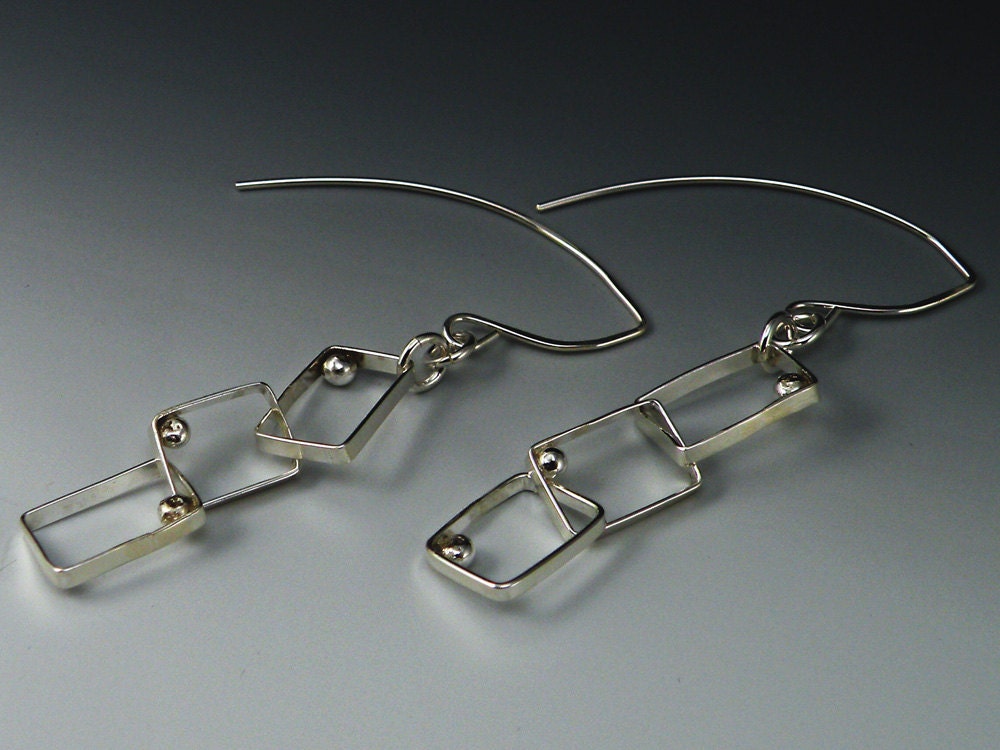 Square Sterling Dangle Earrings - Fine Silver Spheres, Triple Dangles, Three Dimensional