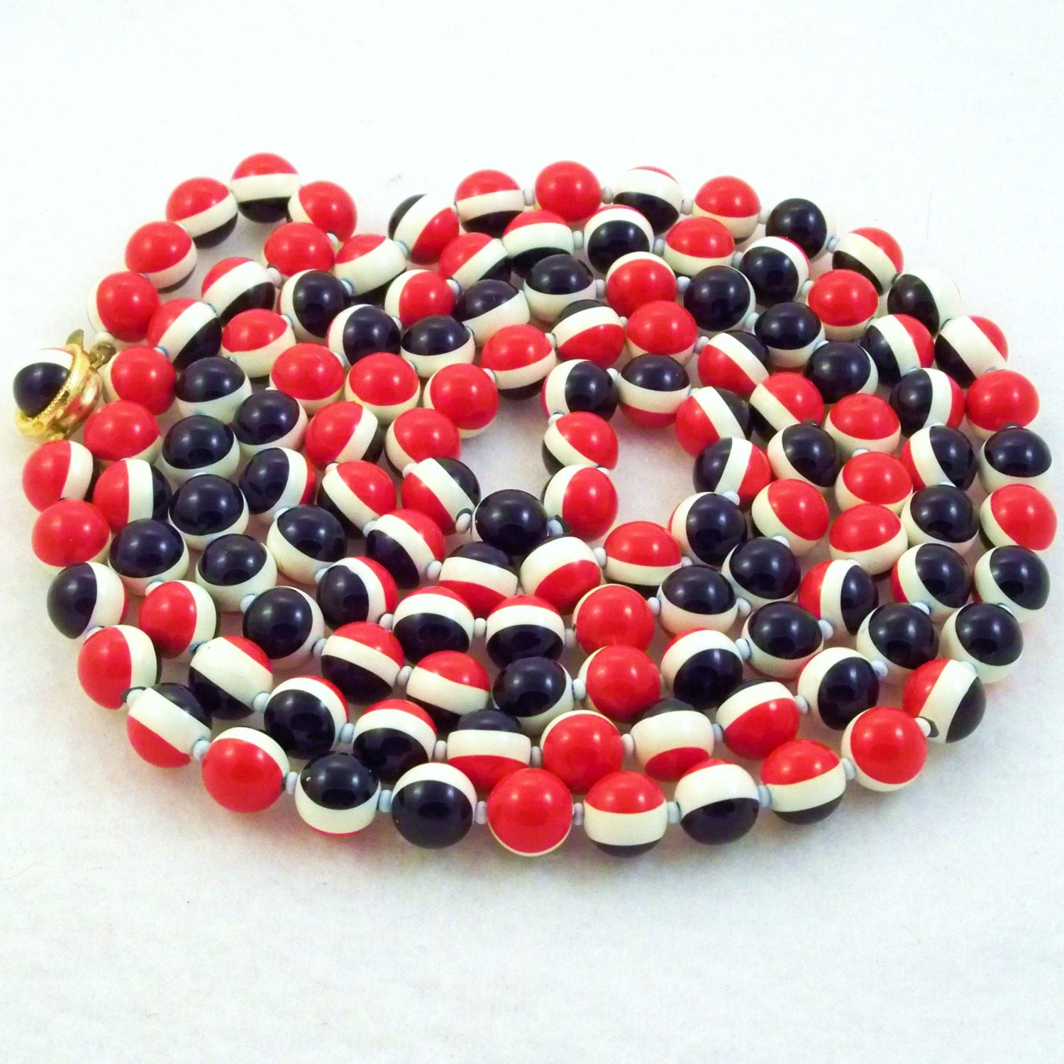 Vintage 1960s Necklace Red White Blue Balls Long