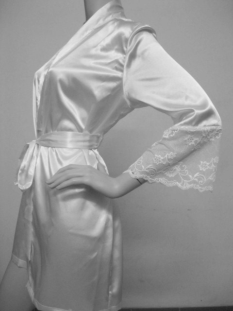 Silk Satin Kimono Robe with Lace