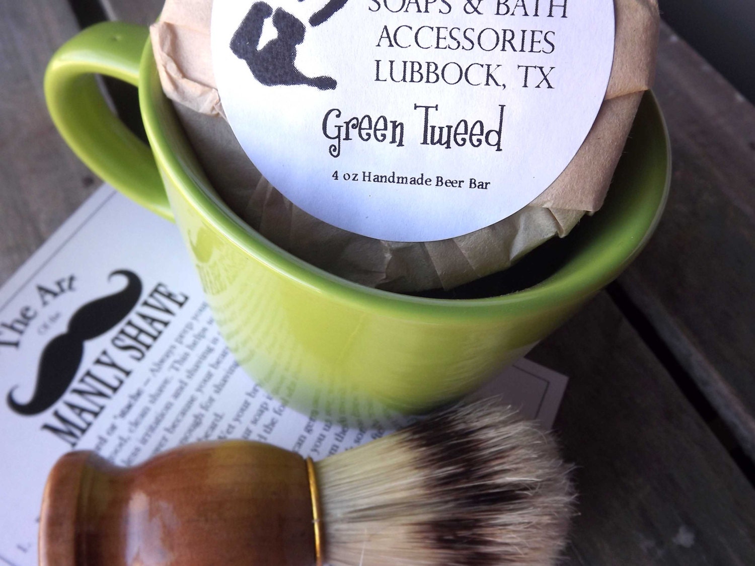 Shaving Mug Set, Lime Green  Vintage Styled Shaving Mug,  Grooming Kit, Boar Brush, Handmade Soap