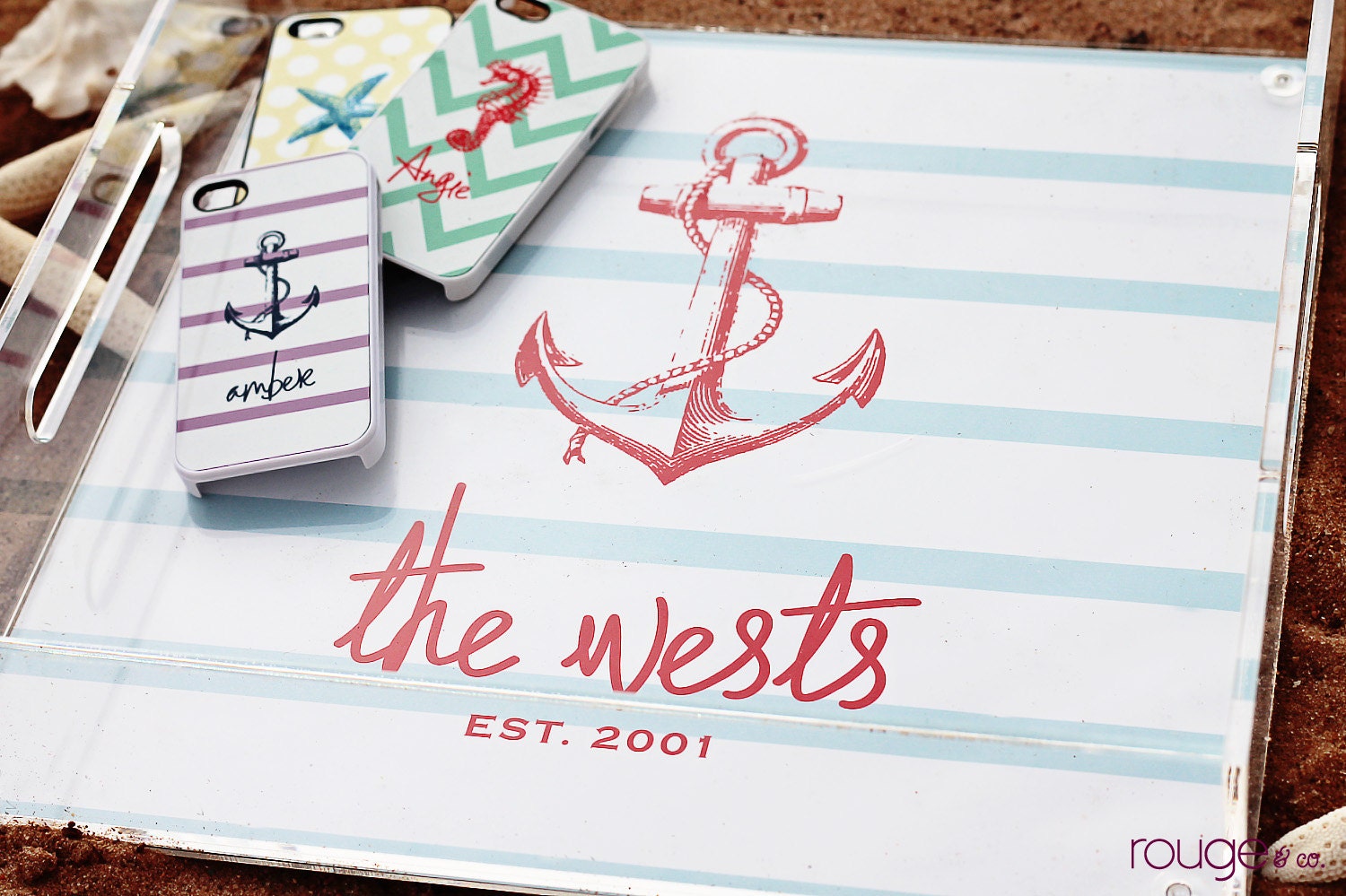 Lucite Tray - Seaside Collection - 14" square with changeable monogrammed waterproof insert