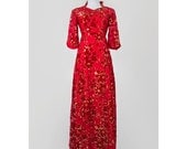 1950s Red Evening Gown / 50s Crushed Velvet Floral Maxi Dress / Small