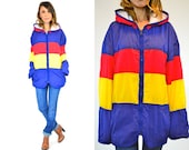 primary COLORBLOCK preppy HOODED lightweight WINDBREAKER jacket, extra small-large - discoleafvintage