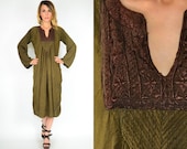 olive & brown BOHEMIAN peasant festival 100% cotton EMBROIDERED bib tent MIDI dress, extra small-large