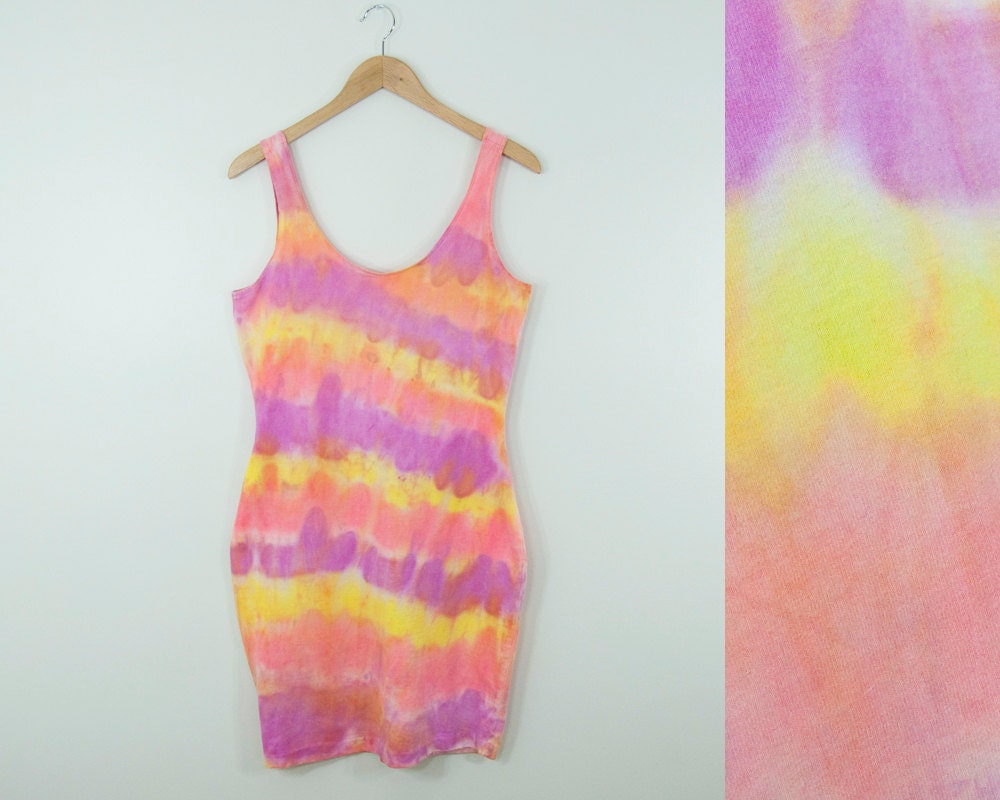 80s Vintage Sunset Tie Dye Cotton Bodycon Tank Dress (M, L)