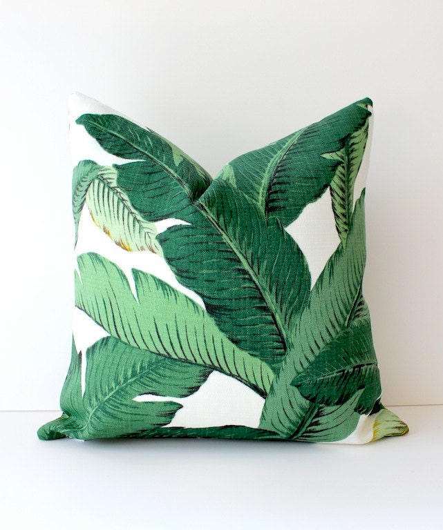 Modern Tropical Green Designer Pillow Cover 18" Accent Cushion White forest aloe emerald Resort summer leaves summer banana hawaii