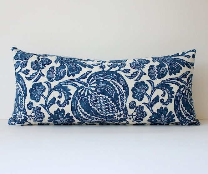 Floral Batik Decorative Designer Bolster Pillow Cover 10x22 NEW Navy Blue Indigo Accent Throw Cushion P Kaufmann Ikat boho