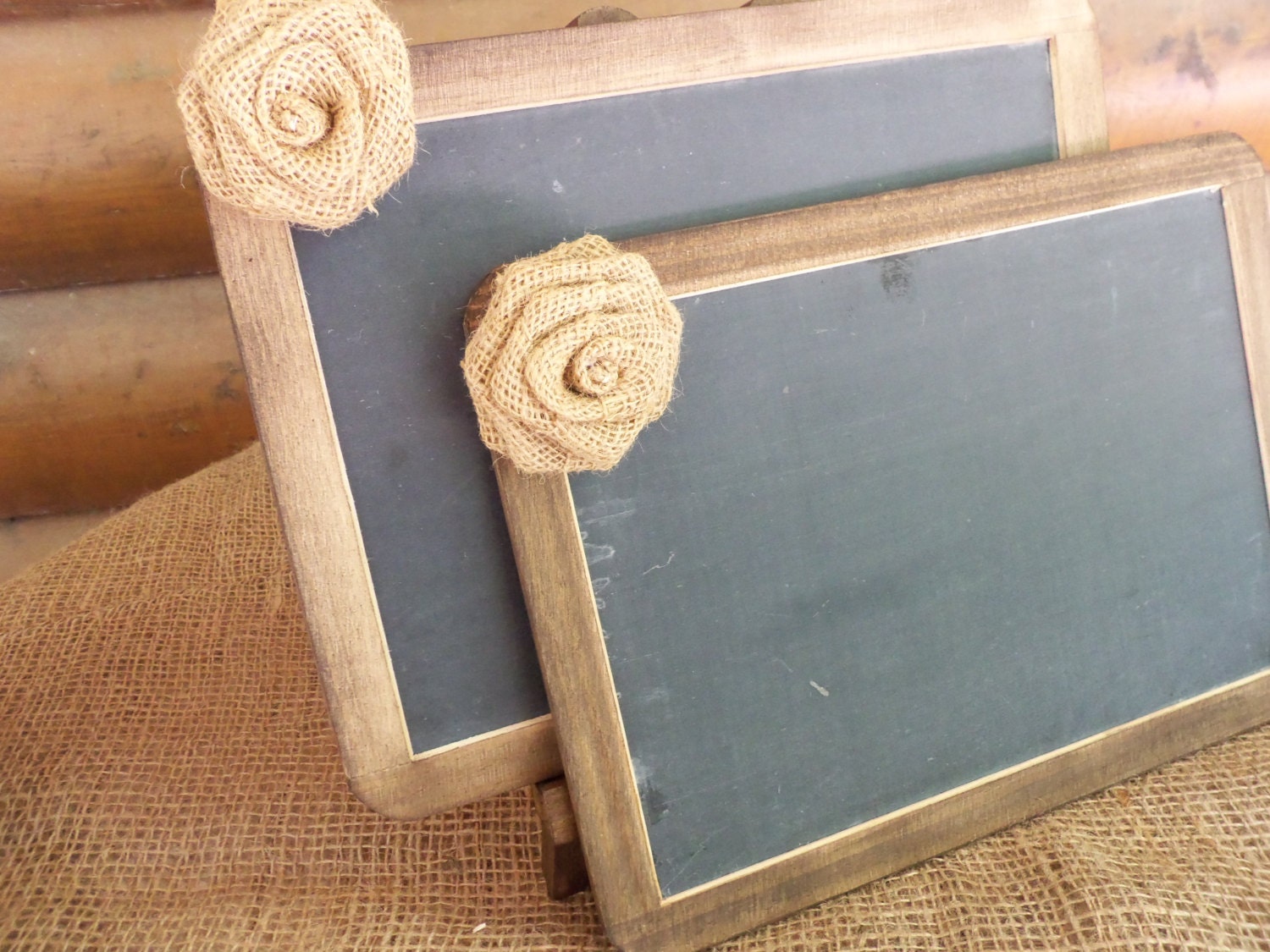 Rustic Chic CHALKBOARD Sign - SET of 2 - 7x10 Size with Cute Burlap Flower - Natural or Rustic Stain