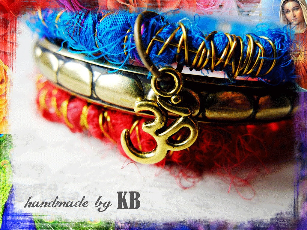 Stack of Bangle Bracelets - OM Charm, Yoga Inspired, Sari Silk, Boho