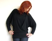 Boatneck wrap top- Womens black pullover- Black tunic- Batwing sleeves- Long sleeved sweater- Black jersey top